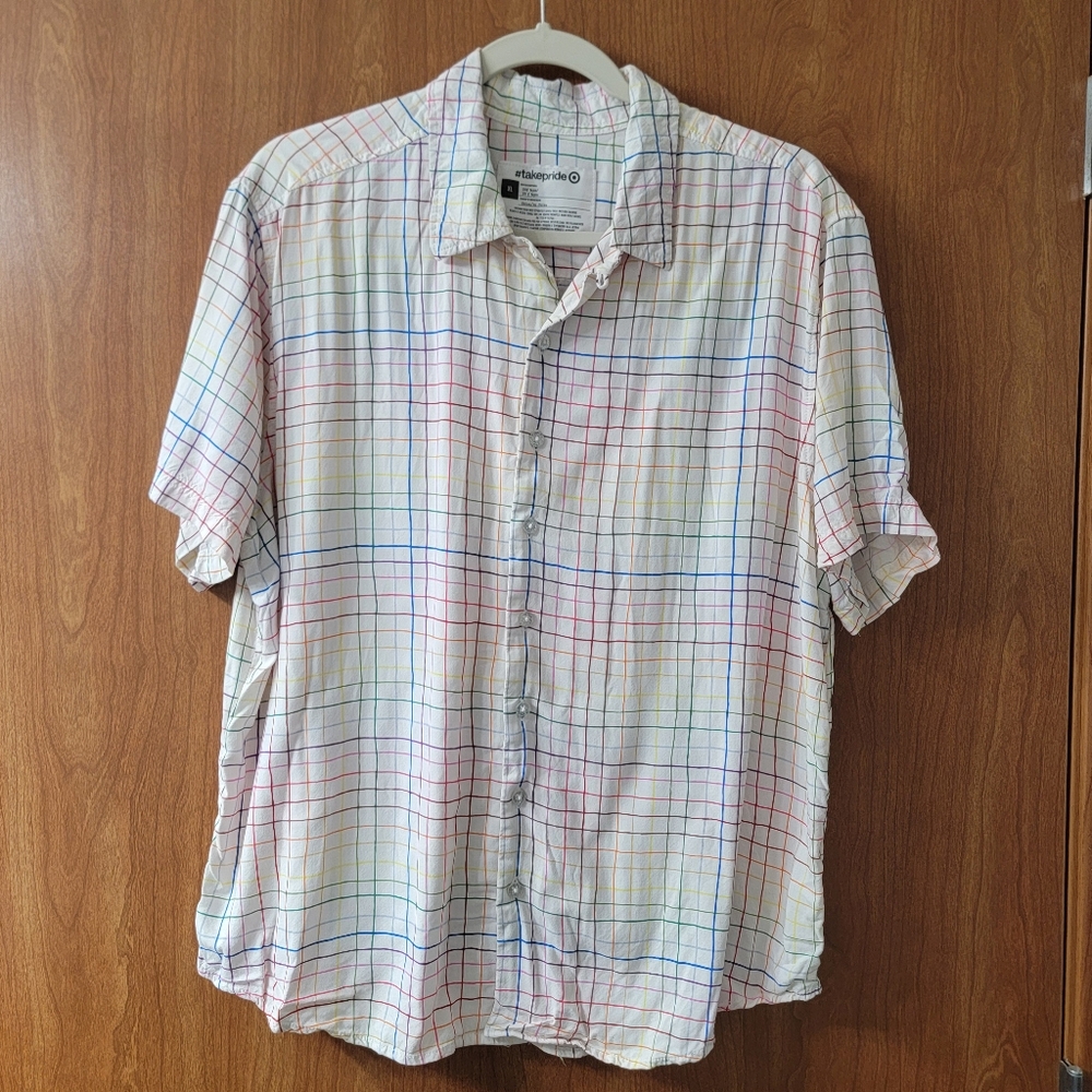 Target #takepride Rainbow Plaid Short Sleeve Button Front Shirt Size XL